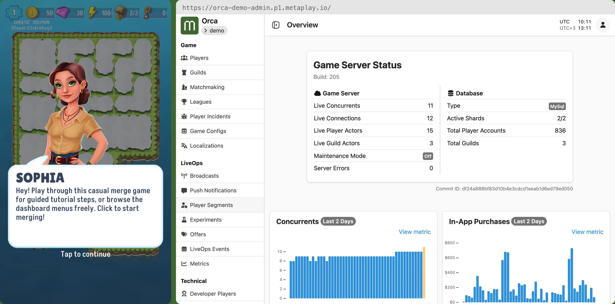 The merge-2 sample running next to the LiveOps Dashboard in the interactive demo