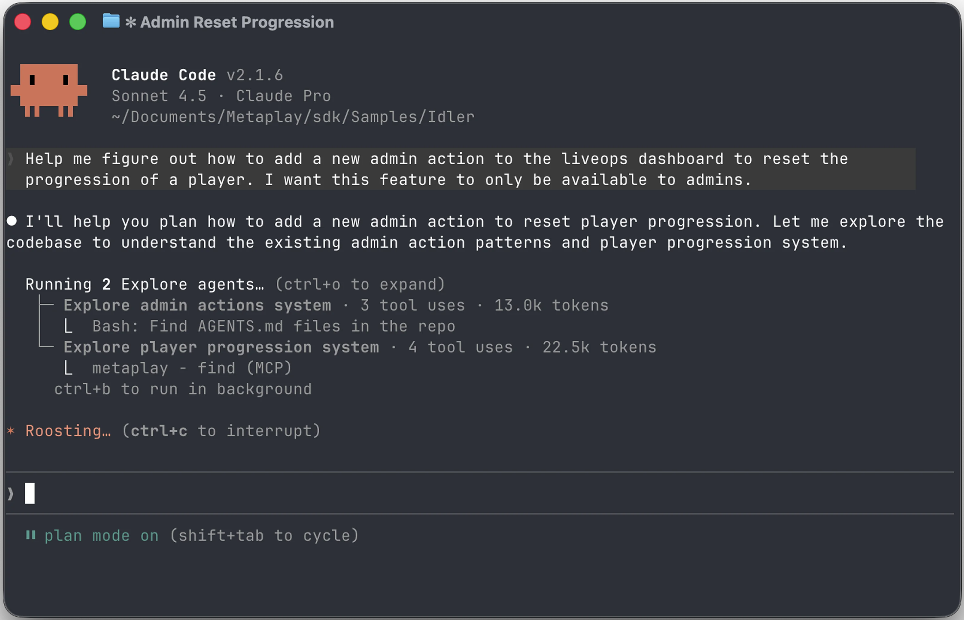 Claude Code using Metaplay Docs MCP to explore SDK patterns and plan a feature implementation