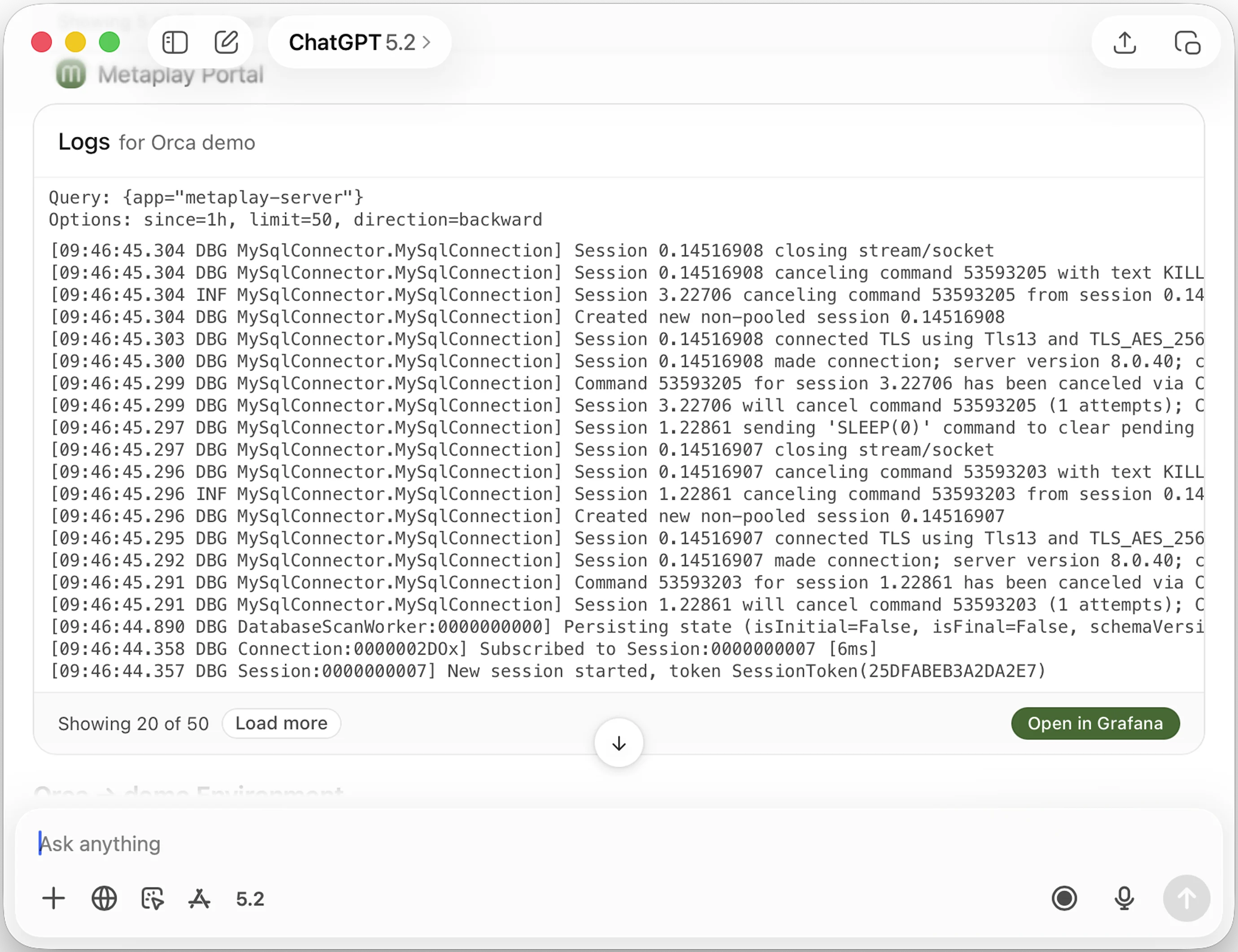 Portal MCP pulling live server logs from a Metaplay environment directly into ChatGPT