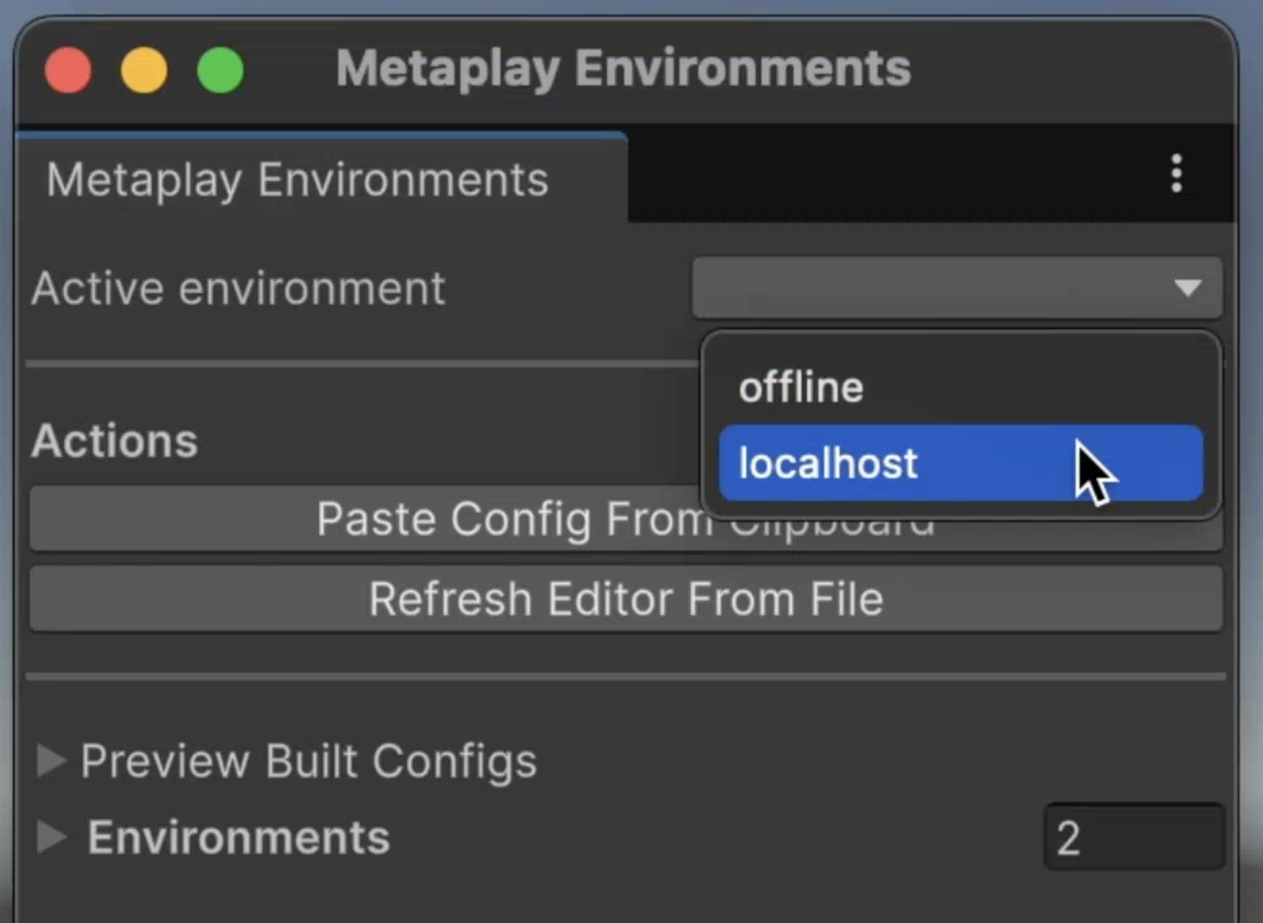 Selecting localhost environment in Unity