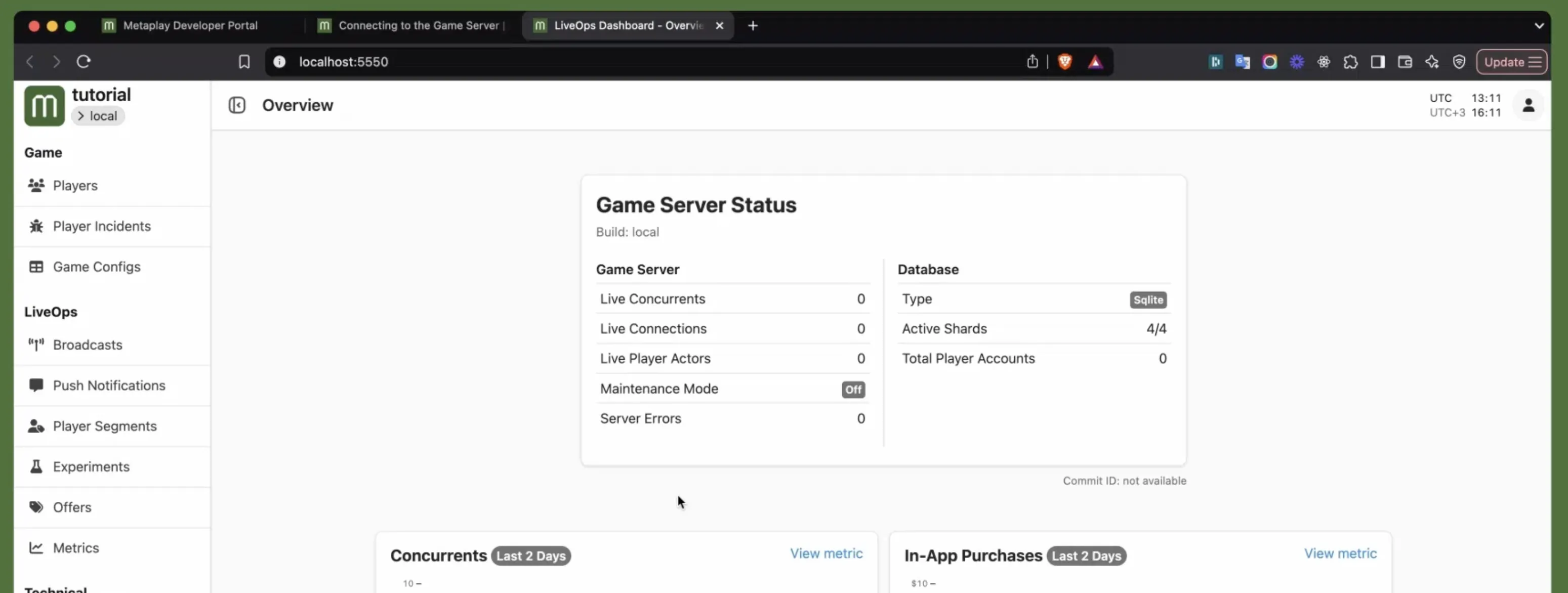 Metaplay LiveOps Dashboard running locally