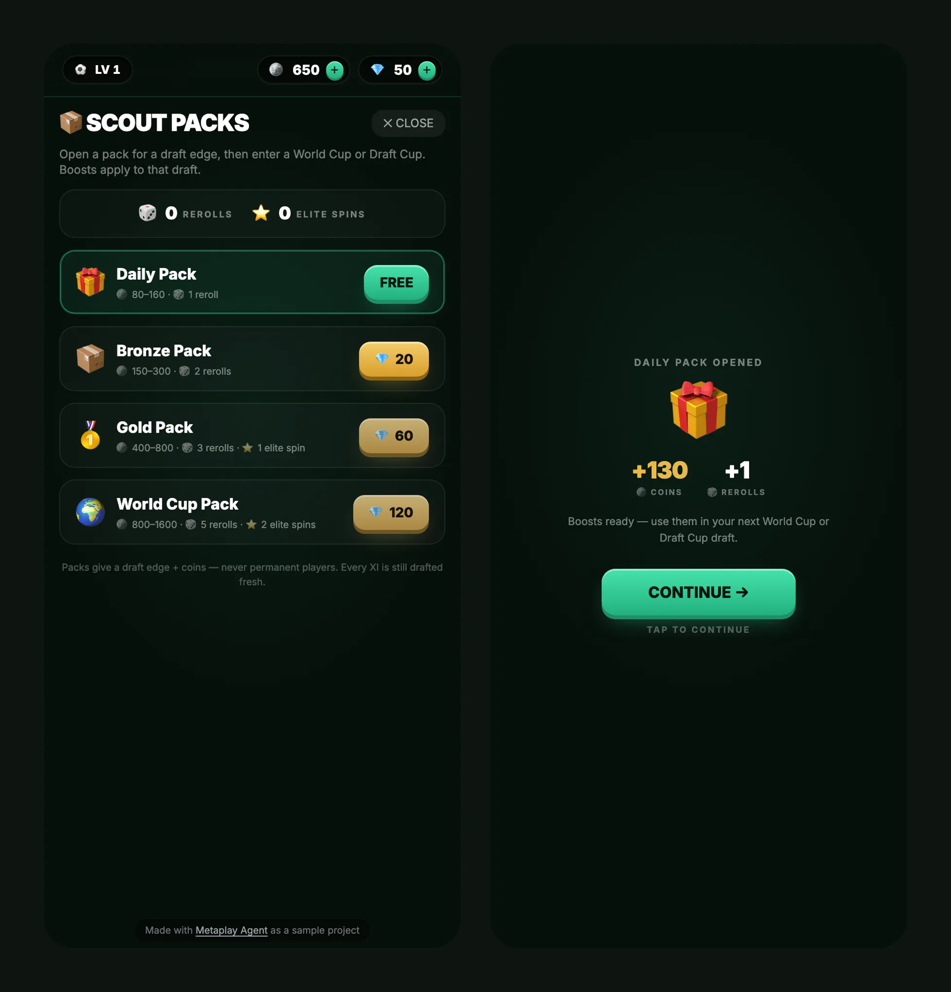 FOOTDRAFT's Scout Packs, bought with coins and gems, beside a daily pack being opened