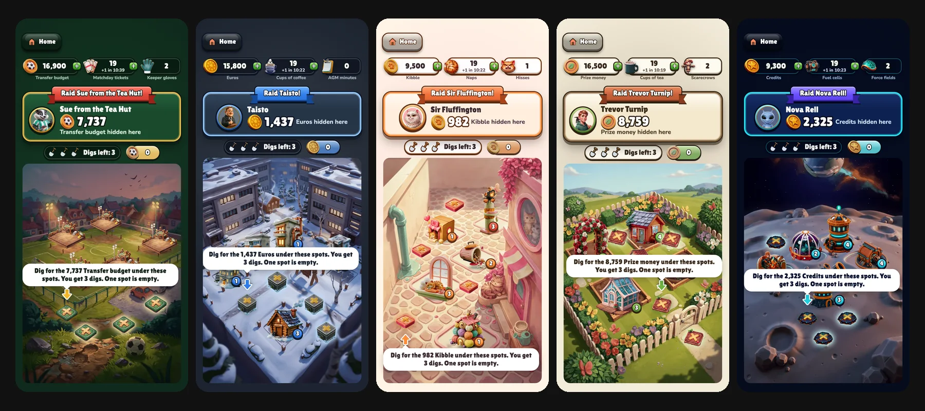 The raid board in all five themes: dig three of four spots to take a share of the other player's coins