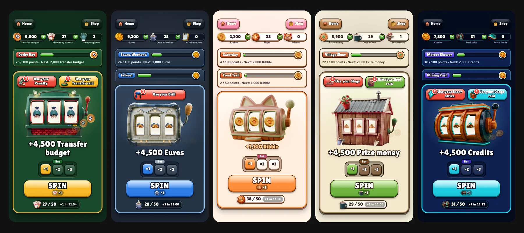 The slot machine in all five themes, each paying out in its own currency: transfer budget, euros, kibble, prize money and credits