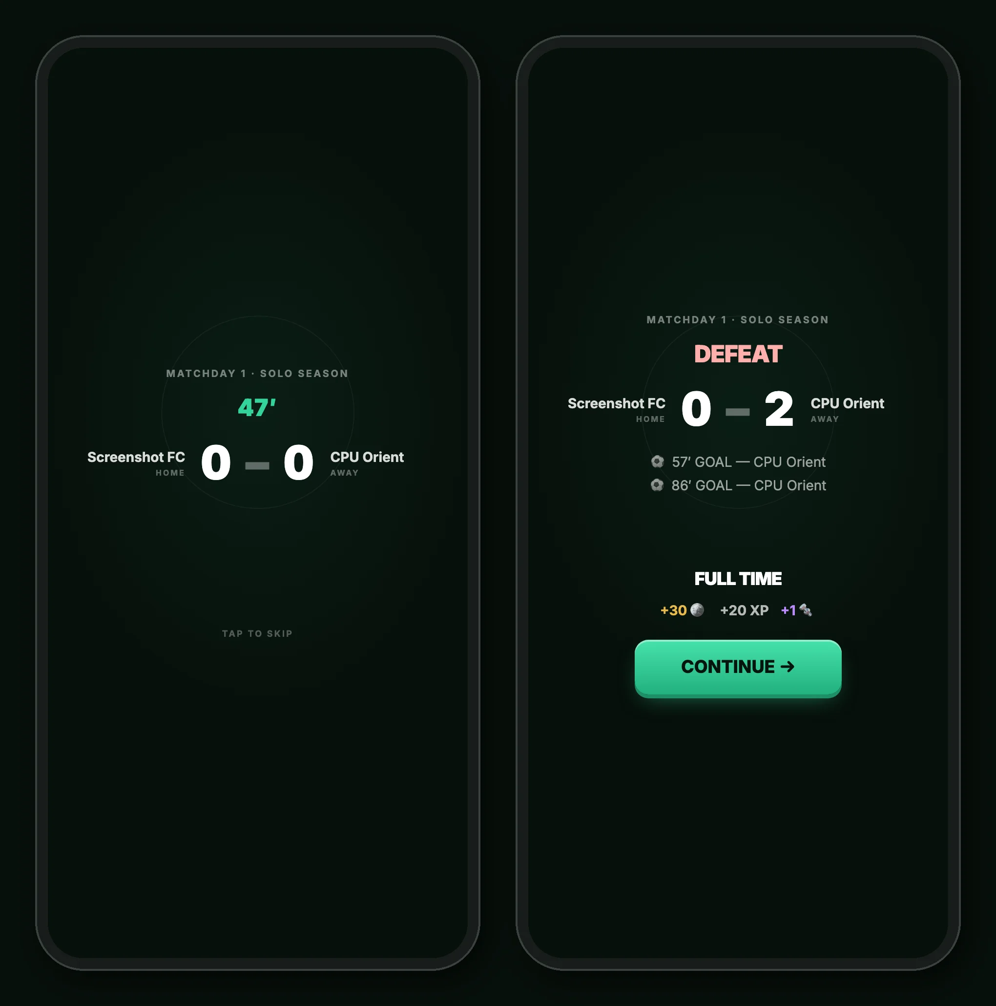 The match playing out minute by minute, and the full-time screen