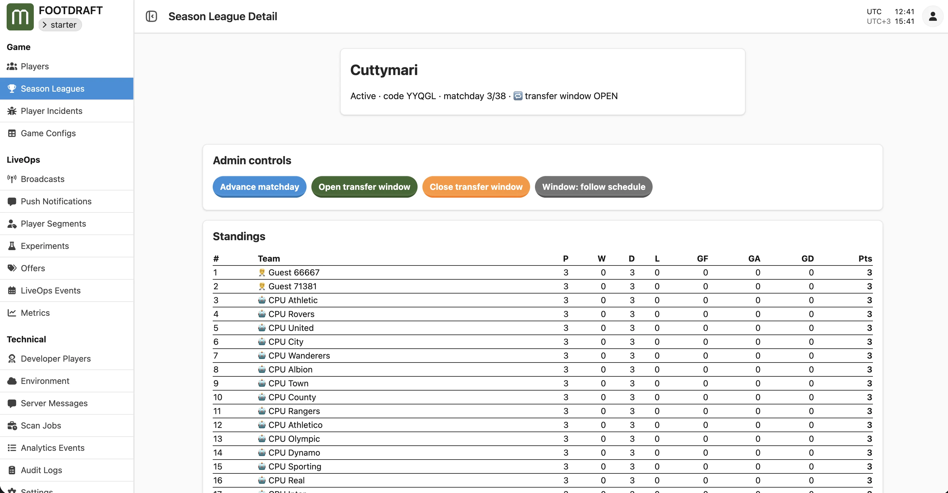A league's detail page: admin controls and the live standings table