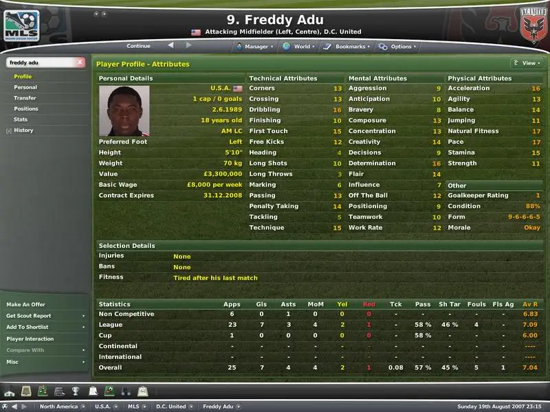 Freddy Adu's Football Manager 2007 player profile at D.C. United