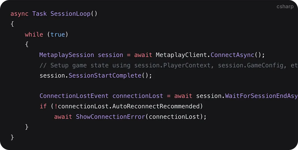 Metaplay R36 session lifetime management — simplified connection flow