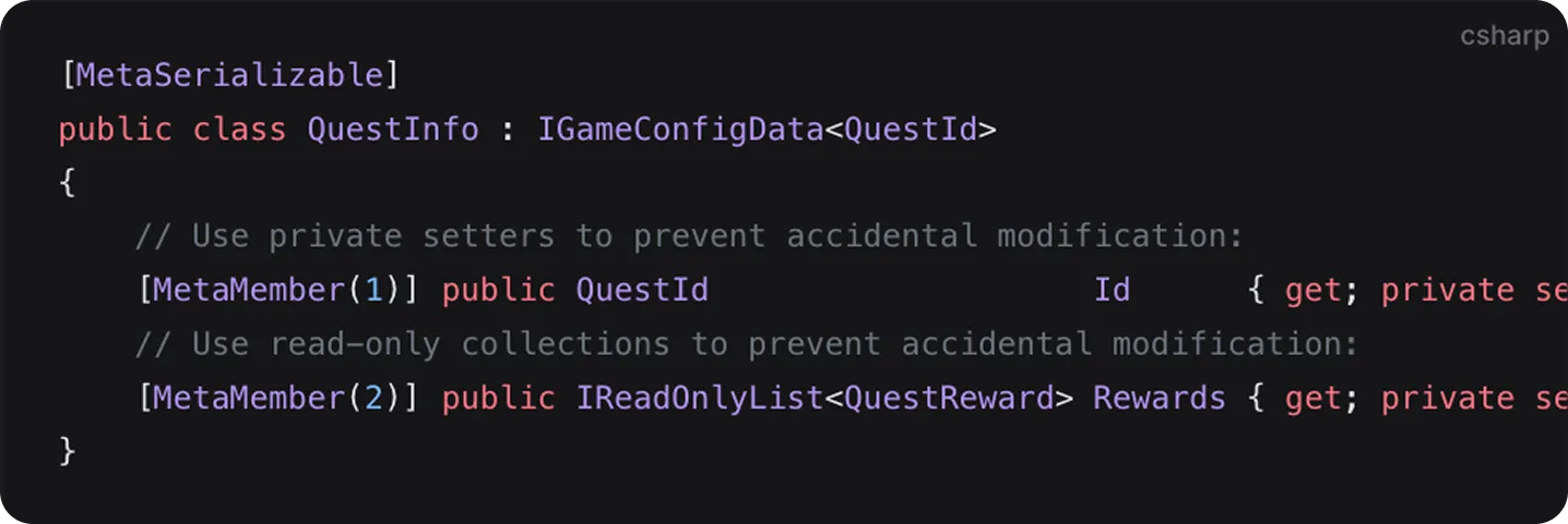 Metaplay R36 immutable game configs — compile-time safety for config data