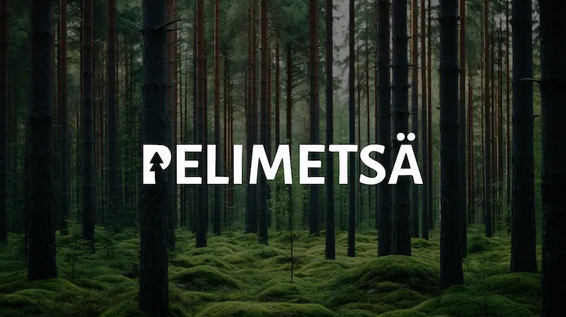 Old finnish forest with the Pelimetsa logo in the foreground
