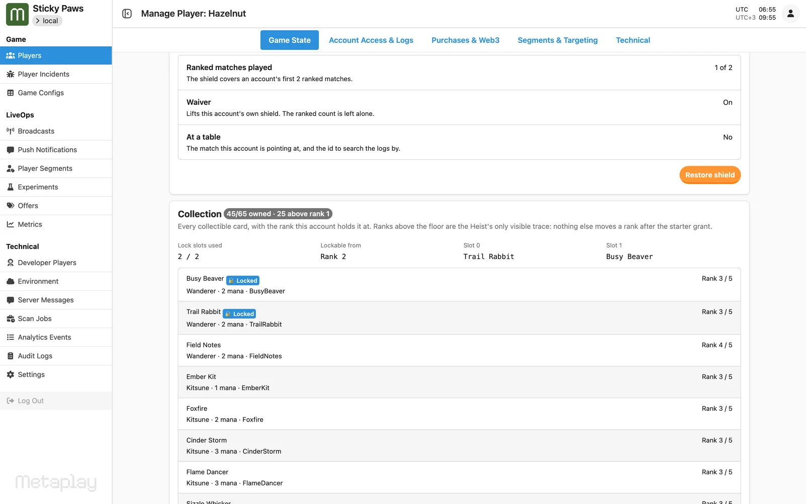 A player's page in the LiveOps dashboard, with the game's own cards added to it: the newcomer shield, and the collection with each card's rank and locks