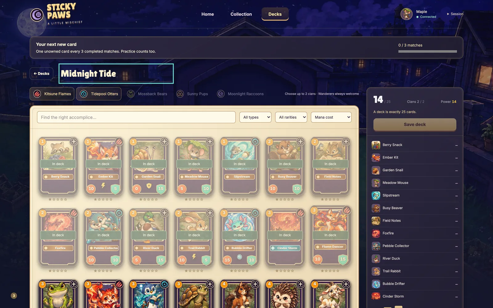 The deckbuilder: cards from the collection being added to a 25-card deck, with the deck's clans and power shown beside it