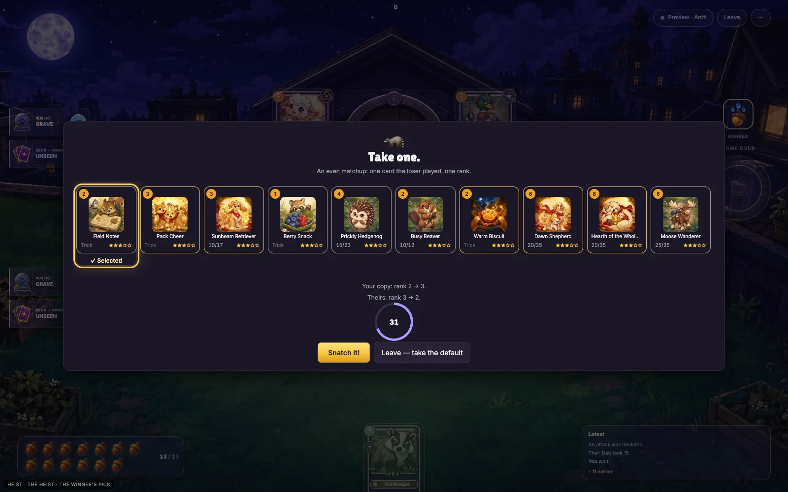 The end of a ranked match: the winner picks one of the cards the loser played, and the screen shows what the pick does to both copies of it