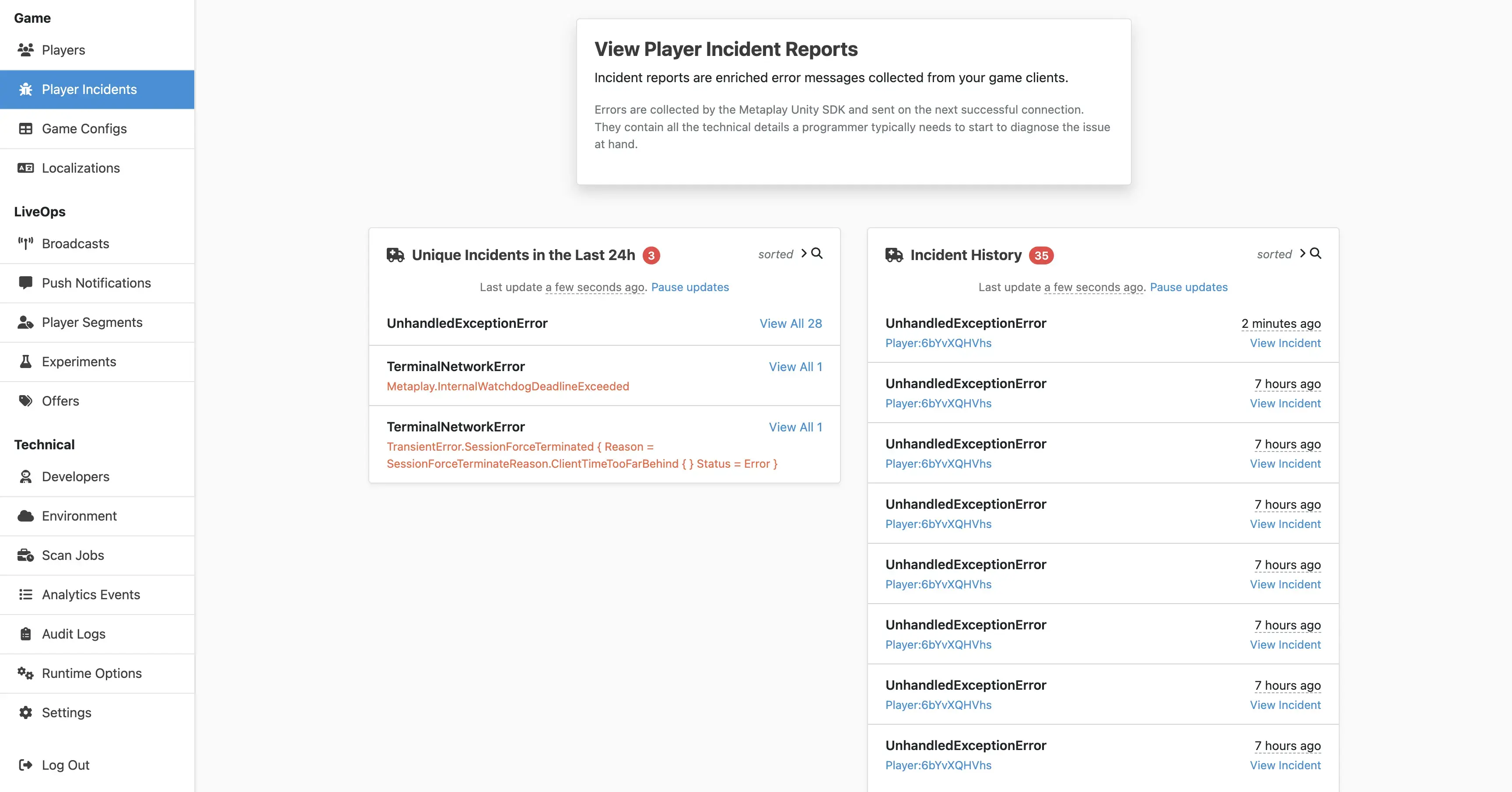 Technical incident reports in the Metaplay LiveOps Dashboard