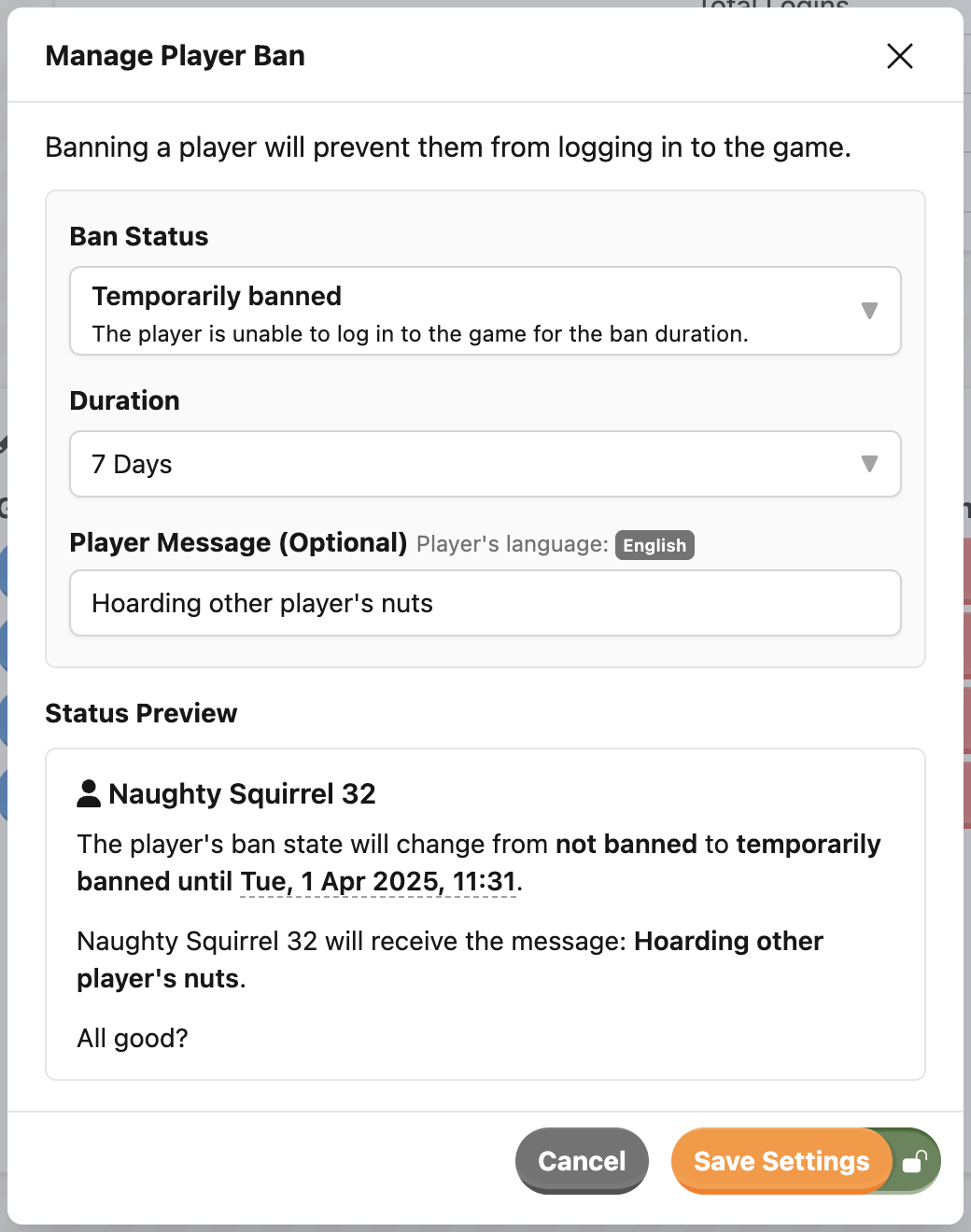 Temporary player ban controls in the LiveOps Dashboard