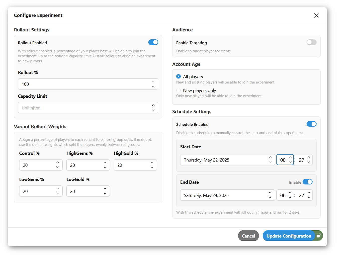 Experiment scheduling in the LiveOps Dashboard