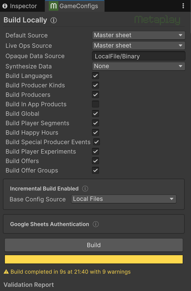 The redesigned game config build window in the Unity editor